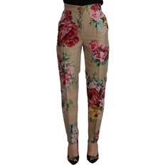 Silk Jeans Dolce & Gabbana Beige Floral Dress Formal High Waist Pants IT42