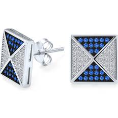 Unisex Earrings Bling Jewelry Blue White Pyramid Square Micro Pave CZ Stud Earrings Silver