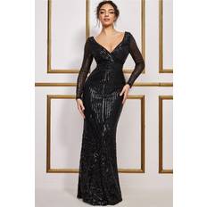 Long - Long Dresses Goddiva Long Sleeve Sequin V Wrap Maxi Dress