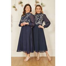 Long - Women Dresses Yumi Embroidered Pleated Midi Dress, Navy