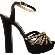 Sort - Stilethæl Højhælede sko Dolce & Gabbana Black Gold Viscose Ankle Strap Heels Sandals Shoes EU40/US9.5