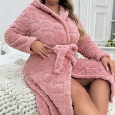 Shein Women Robes Shein Plus Teddy Hooded Bathrobe With Heart Patterned Belt