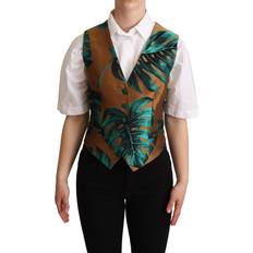 Gold - Women Vests Dolce & Gabbana Tropical Leaf Print Silk Vest Gold