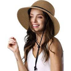 Furtalk Womens Wide Brim Sun Hat with Wind Lanyard UPF Summer Straw Sun Hats for Women Brown