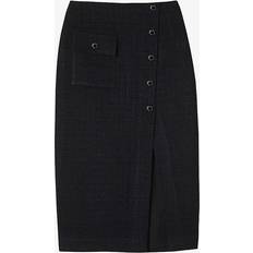 Sandro Womens Noir Gris Front-split Button-embellished Tweed Midi Skirt