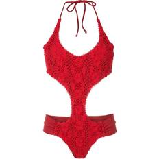 Amir Slama Amir Slama floral-lace detail halterneck swimsuit women Polyimide/Elastane Red