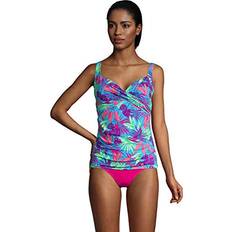 Turquoise - Women Tankinis Lands' End Lands' End Womens Chlorine Resistant Underwire Wrap Tankini Top Turquoise Tropical Palm Regular