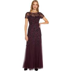 Aftonklänningar - Lila Adrianna Papell Hand Beaded Short Sleeve Floral Godet Gown In Night Plum