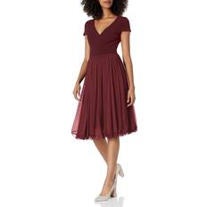 Dress The Population Dress the Population Women's Corey Plunging Mix Media Cap Sleeve A-line Midi Dress, Burgundy