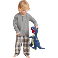 Polyester Pyjamases Children's Clothing Shein Young Boy Half Button Tee & Plaid Pants PJ Set