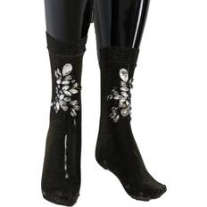 Dolce & Gabbana Socks Dolce & Gabbana Black Stretch Floral Clear Crystal Socks