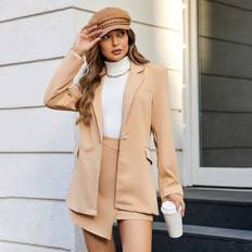 Beige - Women Suits Shein Ladies' Solid Color Single Button Suit Set