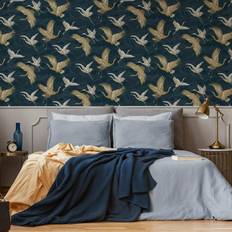 Sublime Kranes Floral Petrol Blue Wallpaper