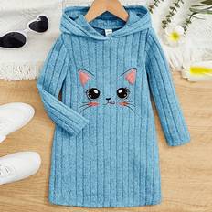 Turquoise Dresses Shein Young Girl Cartoon Embroidered Hooded Pullover Long Sleeve Loose Casual Dress