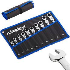 Relaxdays Spanner Open-end & Ring with Ratchet & Joint, 10-19 mm, diy Tool Kit, with Carry Bag Adjustable Wrench