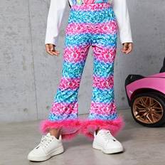 Multicoloured Trousers Shein Young Girl Allover Print Fuzzy Trim Flare Leg Pants