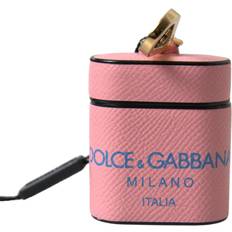 Dolce & Gabbana Pink Blue Calf Leather Logo Print Strap Airpods Case