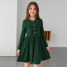 Green Dresses Children's Clothing Shein Big Girls' Knitted Ribbed Button Detail A-line Dress