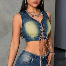 Denim Tank Tops Shein Lace Up Front Crop Denim Tank Top