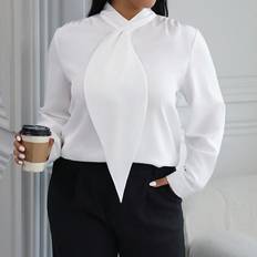 White - Women Blouses Shein Plus Solid Mock Neck Draped Front Blouse