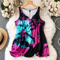 46 Linnen Shein Plus Tie Dye Notched Neck Tank Top