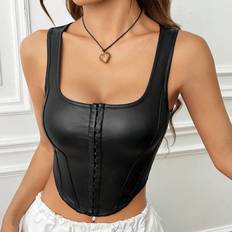 Leather - Women Tank Tops Shein Hook and Eye Front Curved Hem PU Leather Tank Top