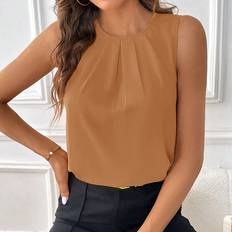 Brown - Elastane/Lycra/Spandex Blouses Shein Solid Fold Pleated Detail Sleeveless Blouse