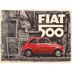 Rouge Affiches Nostalgic Art Plaque Décorative En Métal En Relief 40 x 30 cm Fiat 500 - Red Car In The Street Affiche