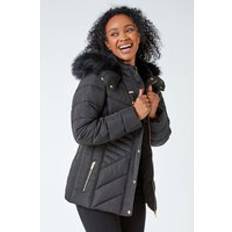 Petite Faux Fur Hood Puffer Coat in Black