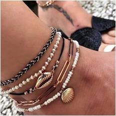 Women Jewellery Sets Bohemia Shell Charm Pendant Anklet Set 5Pcs Black Leather Chain Braided String Pearl Beaded Ankle Bracelet Boho Beach Jewelry for Women and Girls