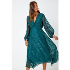 Women Dresses Roman Textured Floral Twist Front Midi Dress Dark Green