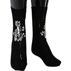 Dolce & Gabbana Socks Dolce & Gabbana Black Knitted Floral Clear Crystal Socks