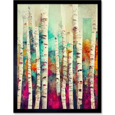 Natural Framed Art ARTERY8 Multi Coloured Birch Tree Forest Vibrant Colourful Oil Framed Art