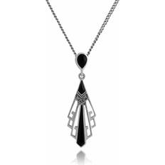 Black Necklaces Gemondo Art Deco Style Black Onyx & Marcasite Open Work Fan Drop Necklace in 925 Sterling Silver
