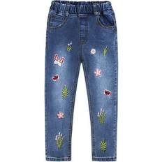 Kidscool Space Little Big Girls Embroidery Butterfly Grass Slim Jean Pants - Red