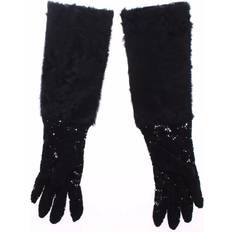 Dolce & Gabbana Gants et Moufles Dolce & Gabbana Black Lace Wool Lambskin Fur Elbow Gloves