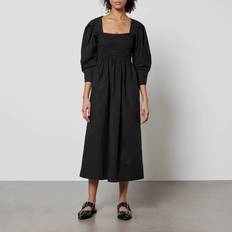 Lang - Midikleider Ganni Black CottonPoplin Open-neck Smock Long Dress Women's Black