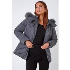 Down Coats & Padded Coats - Grey Petite Faux Fur Hood Puffer Coat in Grey