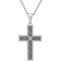 Mens Diamond Accent Stainless Steel Gray Carbon Fiber Cross Pendant Necklace