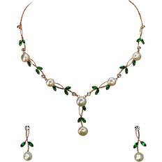 Pearl Jewelry Sets Faship Gorgeous Green CZ Crystal Genuine Freshwater Pearls Floral Necklace Earrings Set