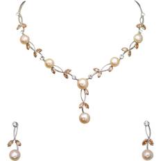 Beige Jewelry Sets Faship Champagne Brown CZ Crystal Pink Freshwater Pearls Floral Necklace Earrings Set Brown/Silver-Tone