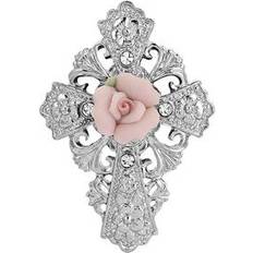 Women Brooches Symbols of Faith Silver-Tone Pink Porcelain Rose Cross Pin, Women's