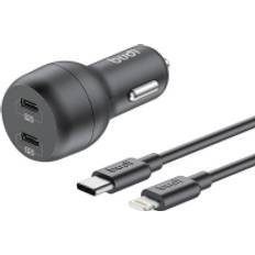 Budi Car Charger, 2x USB-C, 40W, PD USB-C to Lightning Cable Black Auto Adapter