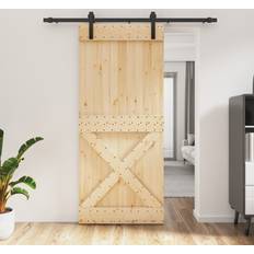 Porte vidaXL Porta Scorrevole Con Set Hardware 90x210 cm Legno Massello Pino - Marrone (90x210cm)