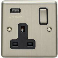 Loops 1 Gang Single UK Plug Socket & 2.1A USB Charger SATIN STEEL & Black 13A Switched