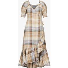 Polo Ralph Lauren XXS Dresses Polo Ralph Lauren Womens 1410 Brown Multi Plaid Puff-sleeve Plaid-pattern Midi Dress