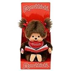 Sekiguchi 221561 – Original Monchhichi-flicka, plyschfigur med fotoalbum och rosetter, ca 20 cm stort gosedjur av brun plysch