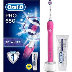 Oral-B Pro 650 3D White Electric Rechargeable Toothbrush Powered by Braun, 1 Pink Handle, 1 3D White Luxe Perfection Toothpaste, 2 Pin UK Plug