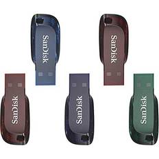 SanDisk Cruzer Blade USB-Flash-Laufwerk 32 GB 5er-Pack wichtige persönliche Dateien, Musik und Videos sichern, Kennwortschutz, USB 2.0, Schlüsselanhängerfunktion Lila/Rot/Blau/Grün/Orange