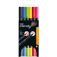 Bic Pensler Bic Intensity Dual Tip, 6 farver, Sort, Blå Grøn, Lilla, Rød, Gul, Bullet tip & børstetip, 0,7 mm, Vandbaseret blæk, 6 stk